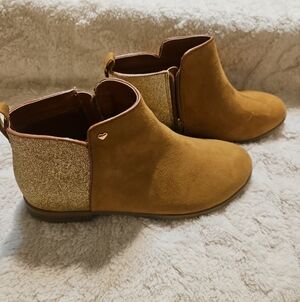 wonder nation Tan Suede Ankle Booties with Gold Glitter Heel